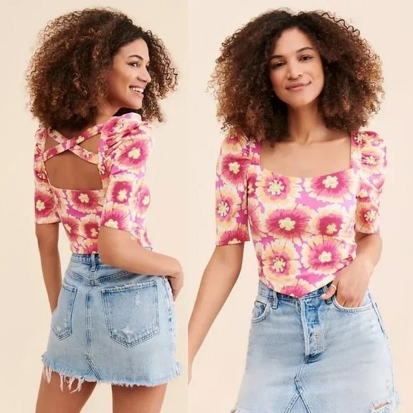 Free People Tops - Free People Give Me More Pink Multi Floral Half Sleeve Crop Top Pop Combo L $68
